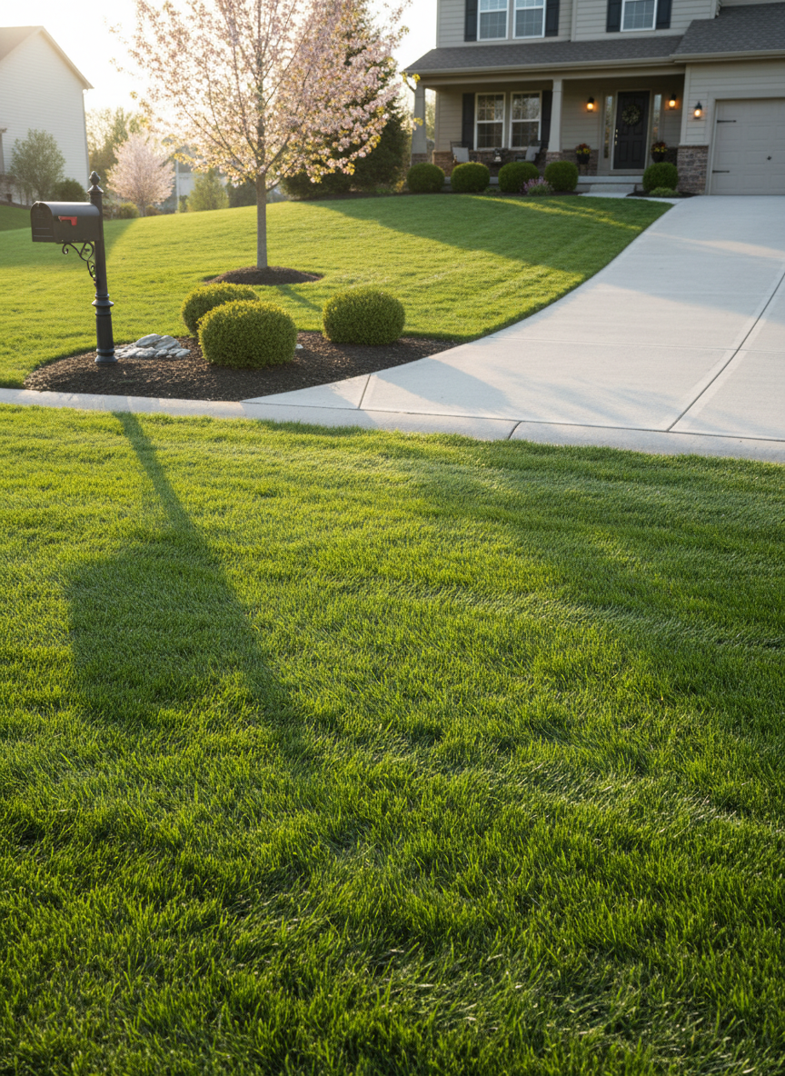 A freshly mowed suburban lawn stretching across a gently sloping front yard, each grass blade neatly trimmed to a uniform height, vibrant emerald green with subtle texture. A crisp concrete driveway and clean edging separate the lawn from a mulched flower bed with low shrubs and small river stones. Soft, late-afternoon natural light casts gentle, elongated shadows from a nearby mailbox and small ornamental tree, emphasizing the even cut. Photographic realism at eye level from the curb, with a wide-angle composition that keeps the entire yard in sharp focus. The mood is professional, tidy, and reliable, conveying dependable lawn care for a residential home.